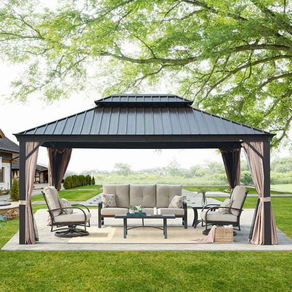 Ulax Furniture 12Ft x 16Ft Patio Hardtop Gazebo Outdoor Aluminum Gazebo with Galvanized Steel Roof, Polyester Curtains and Mosquito Net