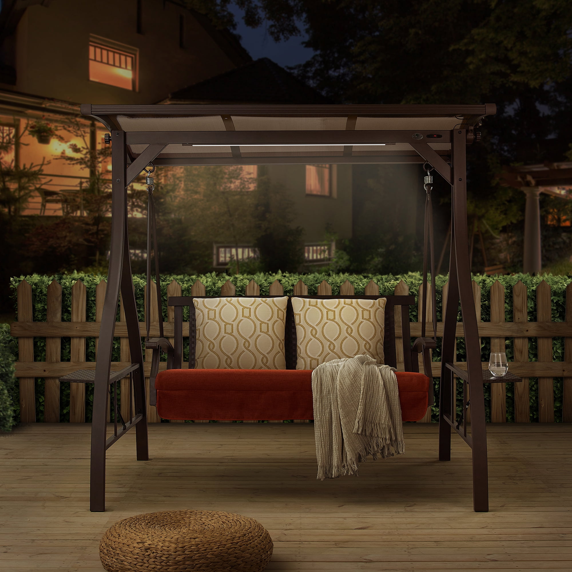 Ulax 2 Person Outdoor Swing with Hardtop Canopy Stand Solar LED Light and Cushions Walmart
