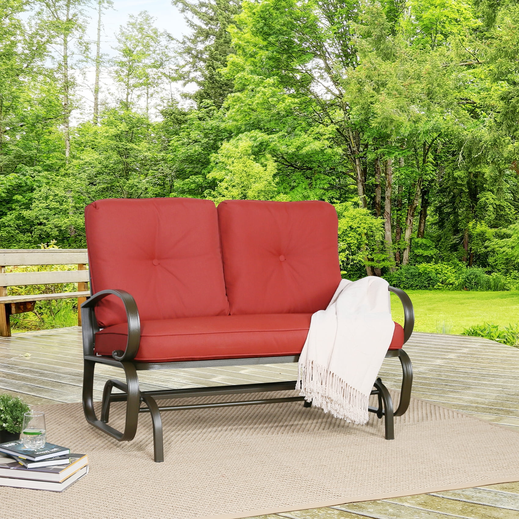 Ulax Furniture 2 Person Patio Glider Bench Loveseat Outdoor Steel Rocking Swing Glider Chair Red