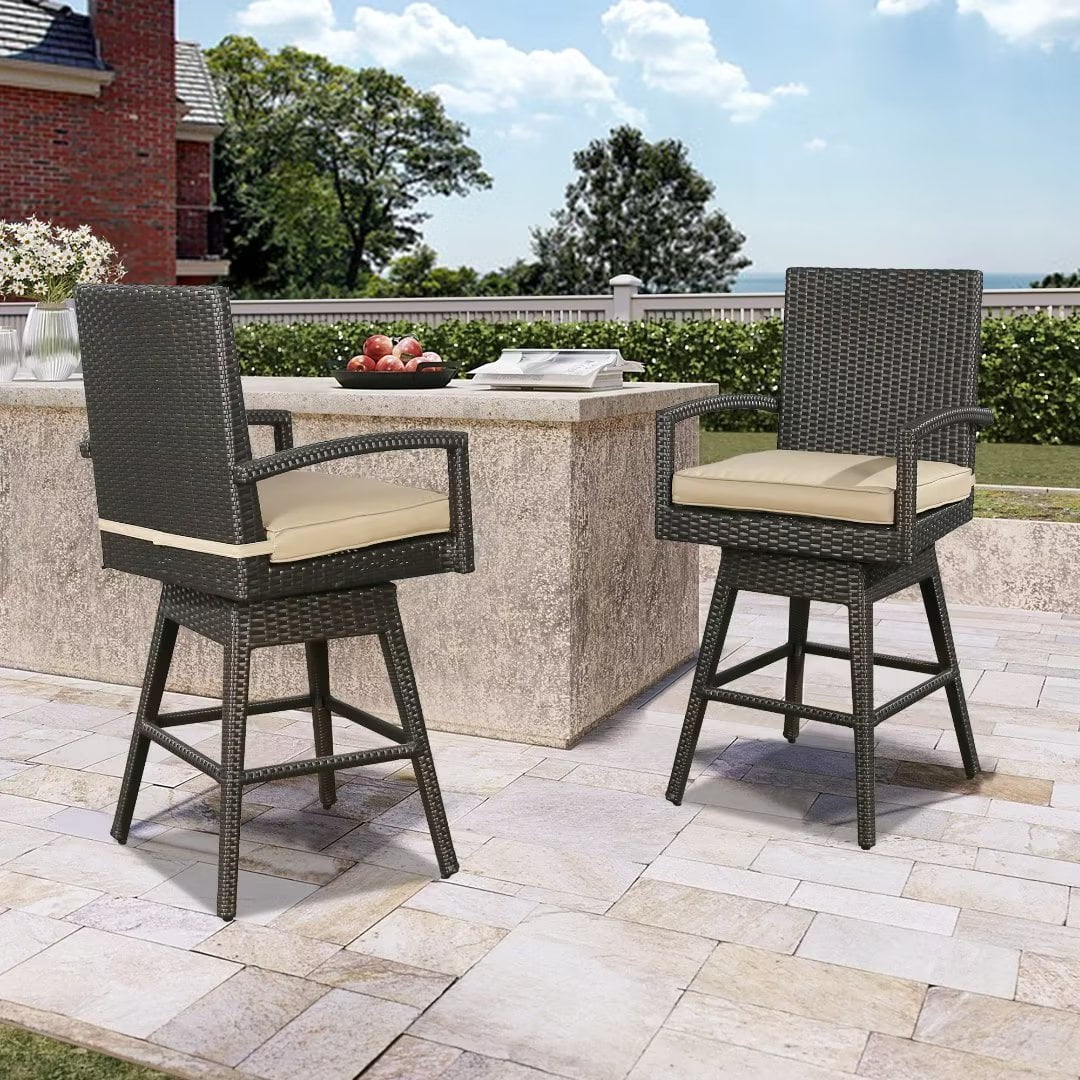 Ulax Furniture 2Piece Set Outdoor Wicker Swivel Bar Stools with