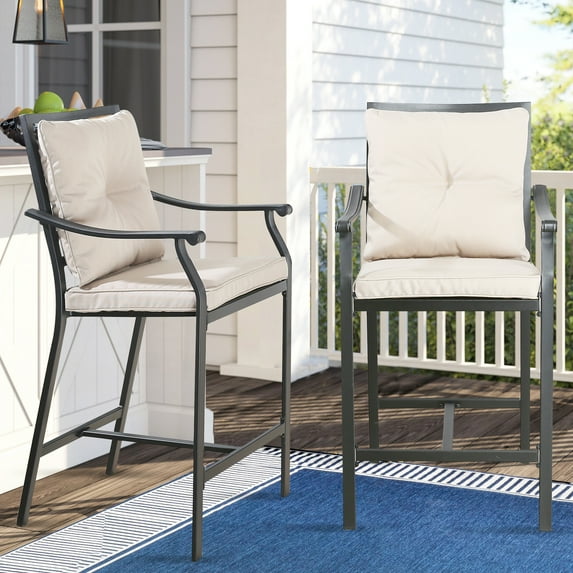 Ulax Furniture 2 Pieces Patio Bar Stools Outdoor Metal Steel Bar Height Bistro Chairs with Beige Seat and Back Cushions