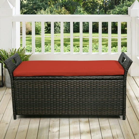 Ulax Furniture 27.6 Gallon Patio Wicker Storage Box, Outdoor Rattan Storage Bench Deck Bin with Cushion Hydraulic Hinge Lid (Red)