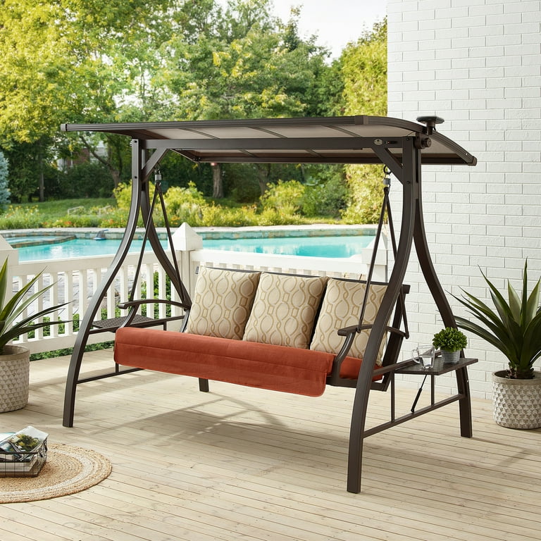 Ulax Furniture 3 Person Outdoor Hardtop Canopy Porch Swing with Stand Solar LED Light and Sunbrella Back Cushions