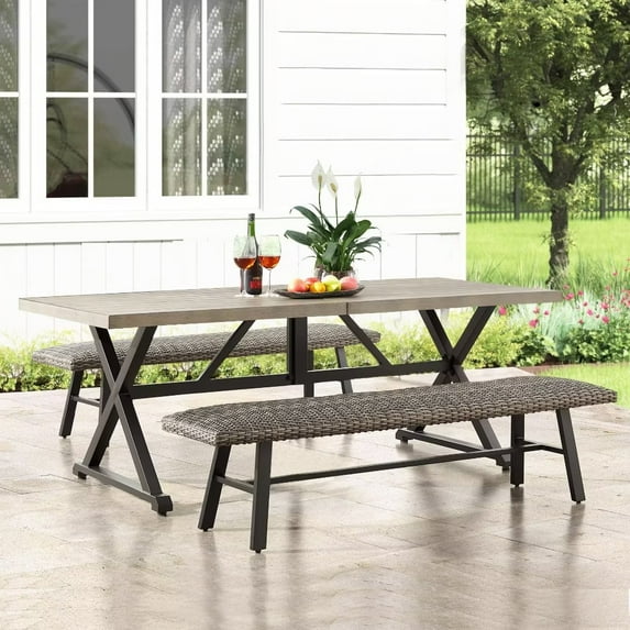 Ulax Furniture 3 Pieces Patio Dining Set Outdoor Rectangular Dining Table and Wicker Outdoor Bench