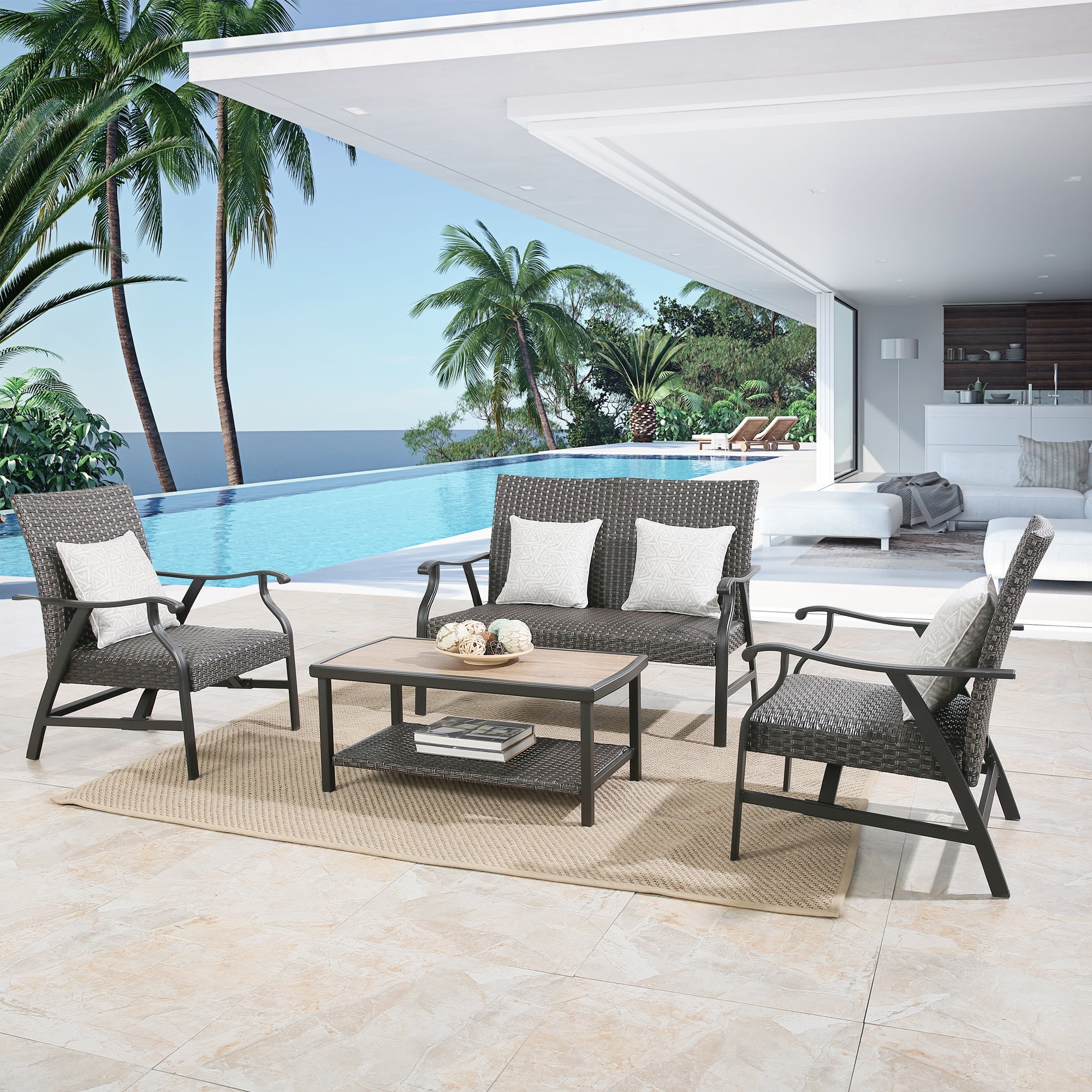 Ulax Furniture 4 Piece Indoor Outdoor Wicker Padded Conversation Set Patio Rattan Furniture Set with 2 Motion Rocking Armchairs 1 Loveseat and 1 Coffee Table for 4 Persons Walmart Business Supplies