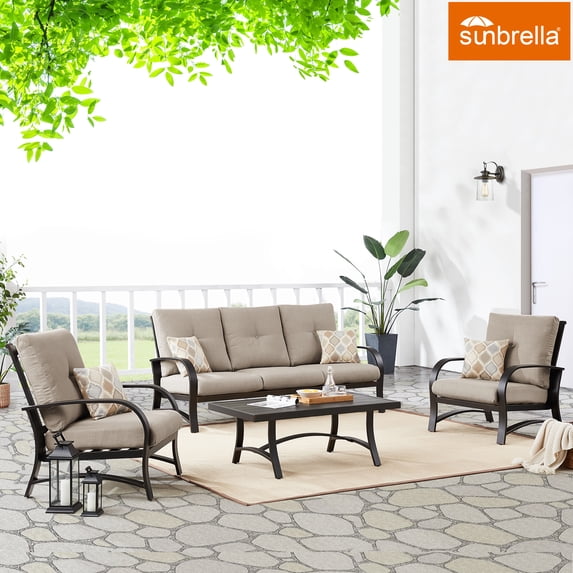Ulax Furniture 4 Pieces Outdoor/Indoor Aluminum Patio Conversation Seating Group with Sunbrella Cushions and Coffee Table Side Table for 5 Person