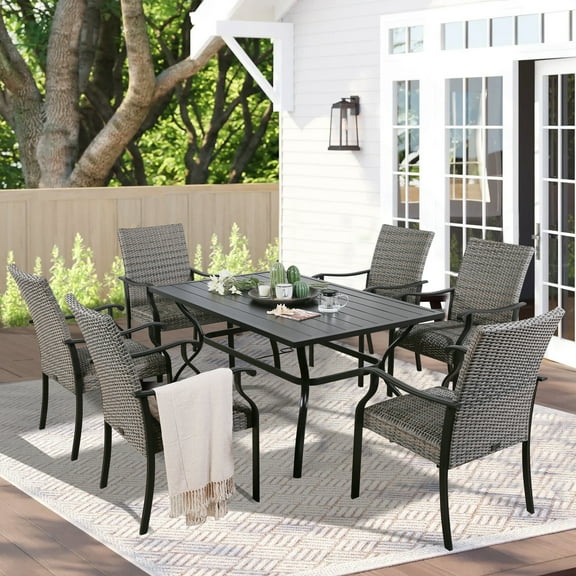 Ulax Furniture 6-Person Patio Metal Rattan Dining Set with Umbrella Hole