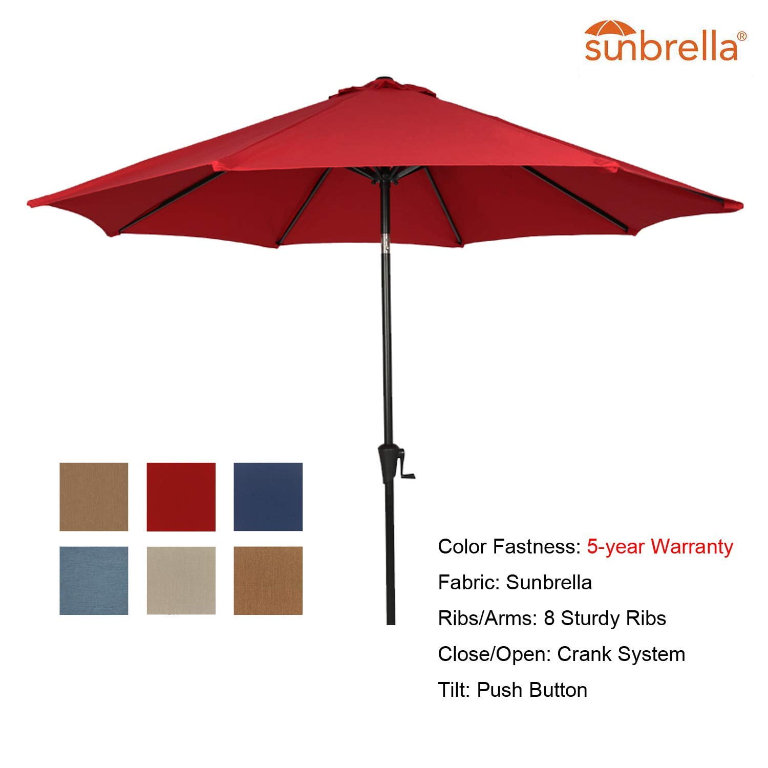 Ulax Furniture 9 Ft Outdoor Umbrella Patio Market Umbrella Aluminum with Push Button Tilt&Crank, Sunbrella Fabric, Umbrella Cover Included, Jockey Red