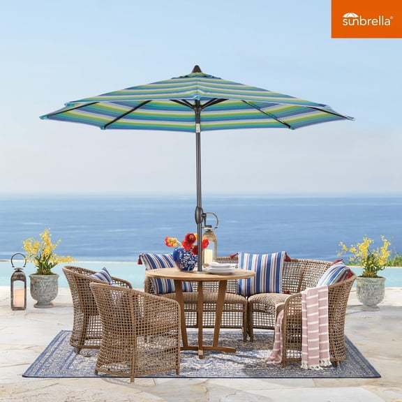 Ulax Furniture 9Ft Outdoor Sunbrella Tiltable Round Market Umbrella with Aluminum Pole and Crank (Seville Seaside)