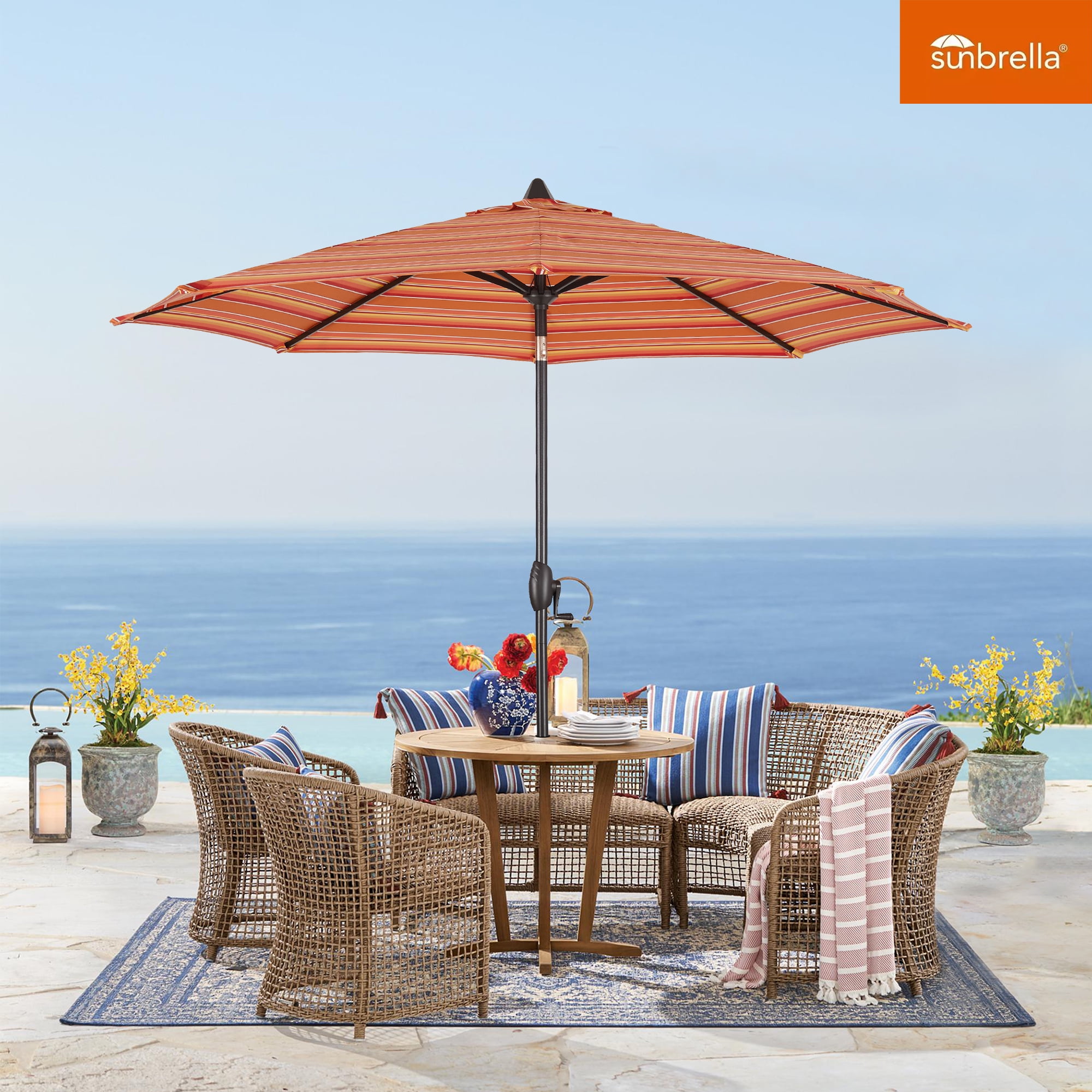 buy sunbrella patio umbrella Ulax Furniture 9Ft Outdoor Sunbrella Market Umbrella, Tiltable Round,  Aluminum Pole, Seville Seaside