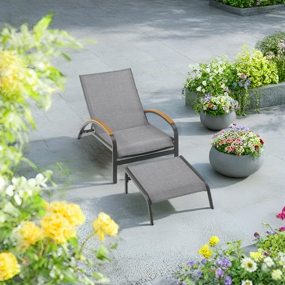 Ulax Furniture Aluminum Chaise Lounge Chair Outdoor Adjustable Recliner Chair with Wheels and Ottoman (Gray)