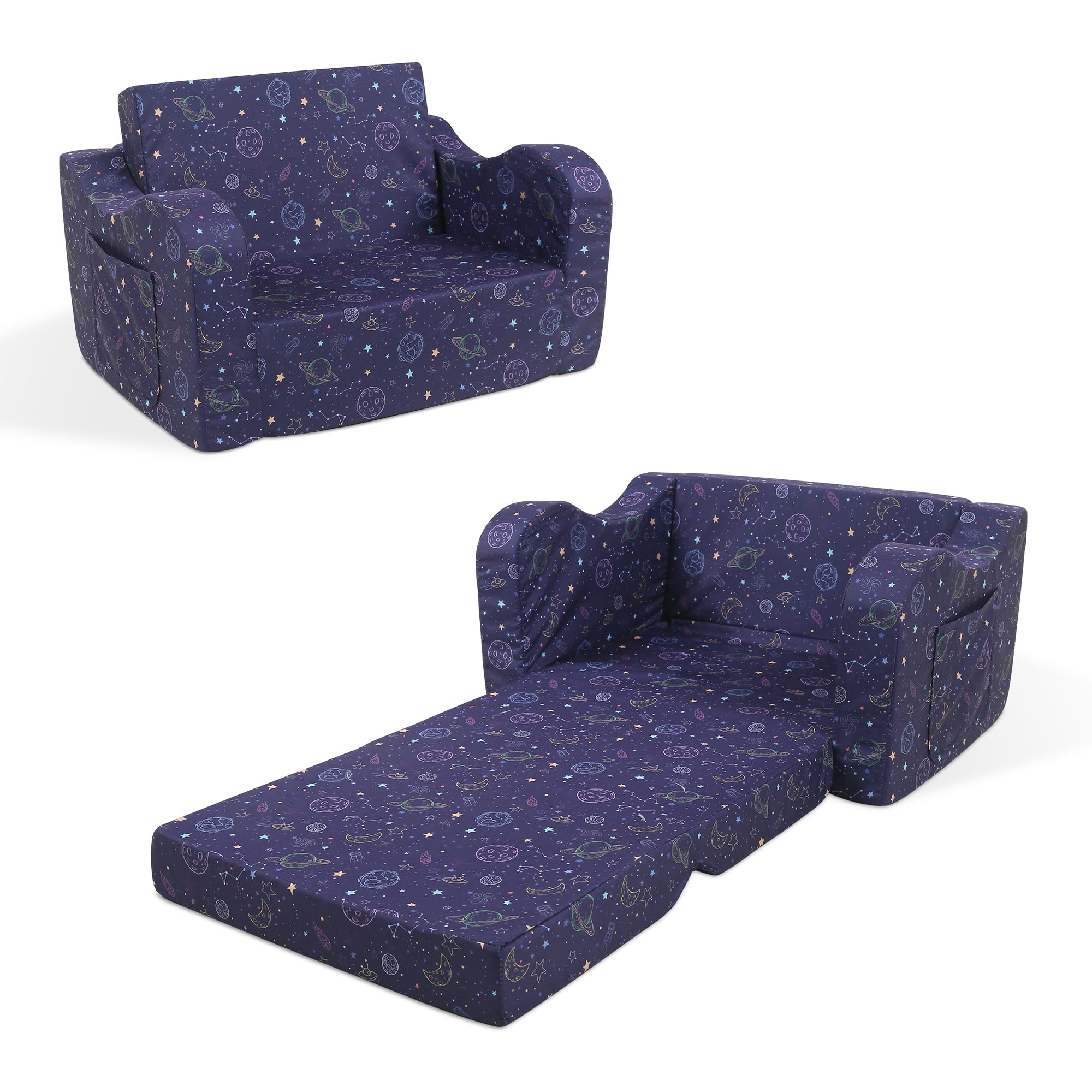 Ulax Furniture Divano Pieghevole 2 In 1 Per Bambini: Da Divano A Comodo Lettino! Morbido Tessuto Felpato, Fantasia Dinosauro Navy
