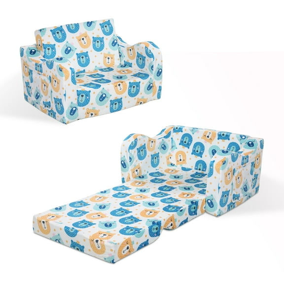 Ulax Furniture Children Sofa Chair to Lounger 2-in-1 Flip Open Convertible Kids Couch/Sleeper for Kids(White Bear)