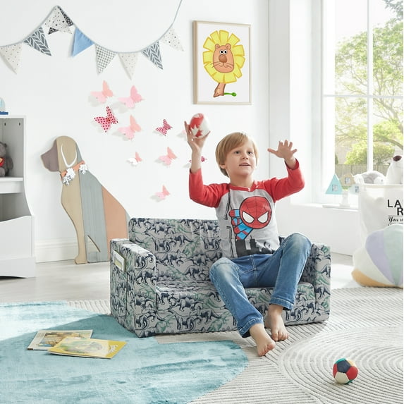 Ulax Furniture Convertible 2-in-1 Flip Open Kids Loveseat/ Couch/ Sleeper Sofa (Gray Dinosaur)