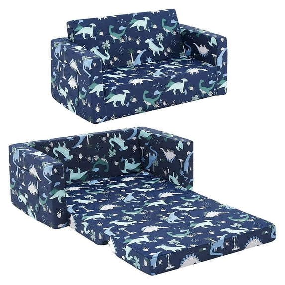 Ulax Furniture Convertible 2-in-1 Flip Open Kids Loveseat/ Couch/ Sleeper Sofa (Navy Dinosaur)