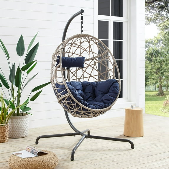 Ulax Furniture Indoor Outdoor Rattan Hanging Basket Swing Chair with Stand and Cushion, Navy