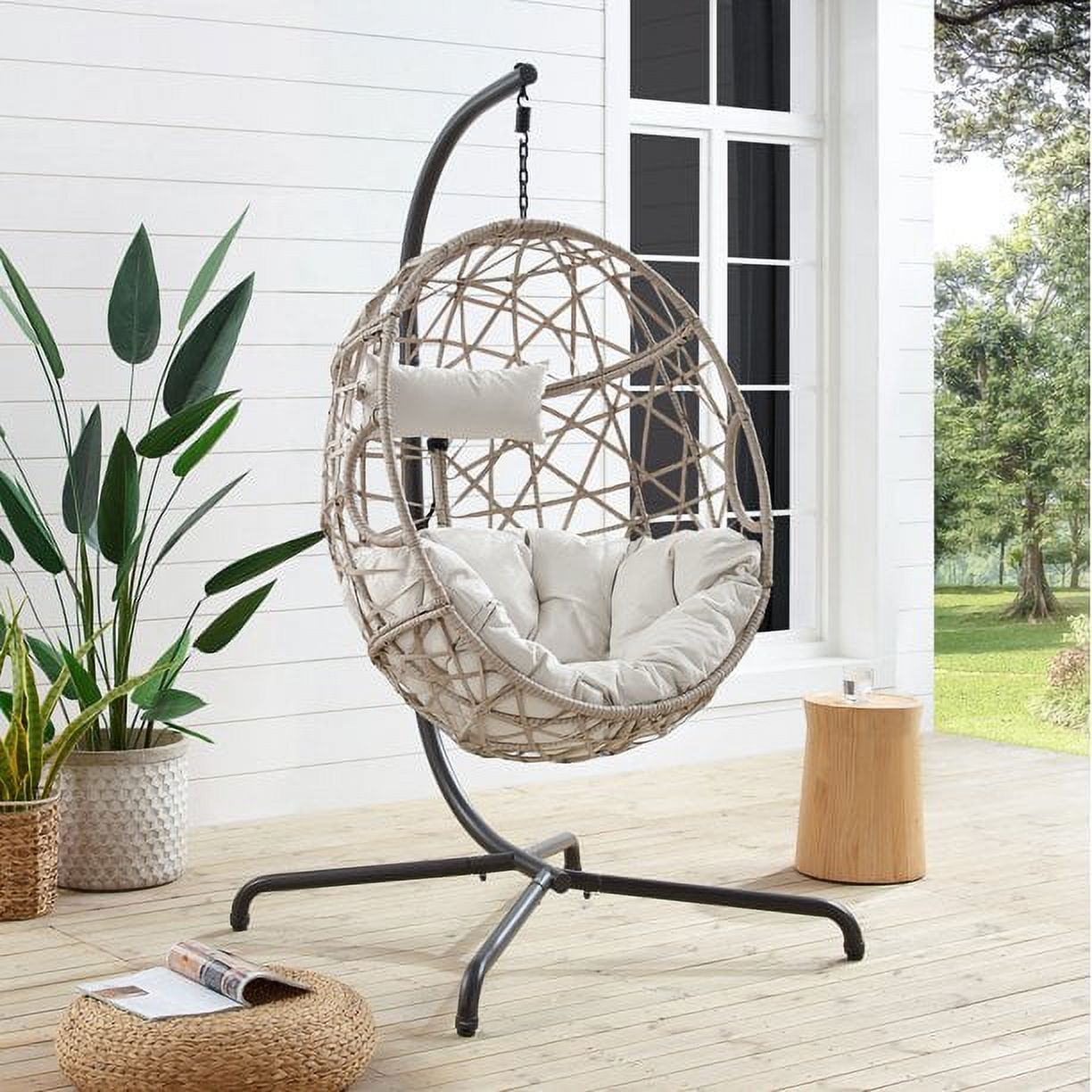 Ulax Furniture Indoor Outdoor Rattan Hanging Basket Swing Chair with Stand and Cushion, White