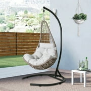 Ulax Furniture Indoor/Outdoor Wicker Hanging Basket Swing Chair Hammock Tear Drop Chair with Stand (Beige)
