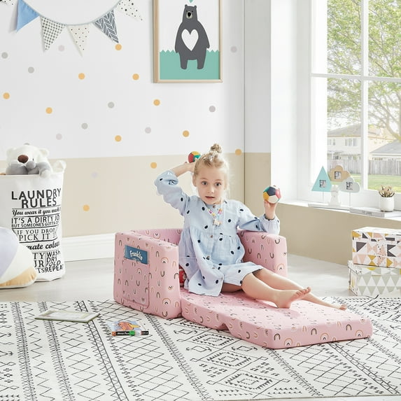 Ulax Furniture Kids Sofa Flip-Out Chair 2-in-1 Convertible Chair to Lounger for Kids Couch, Pink Rainbow