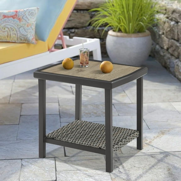 Ulax Furniture Outdoor 19.5L x 19.5W Square Metal Side Table End Table with Wooden-like Top