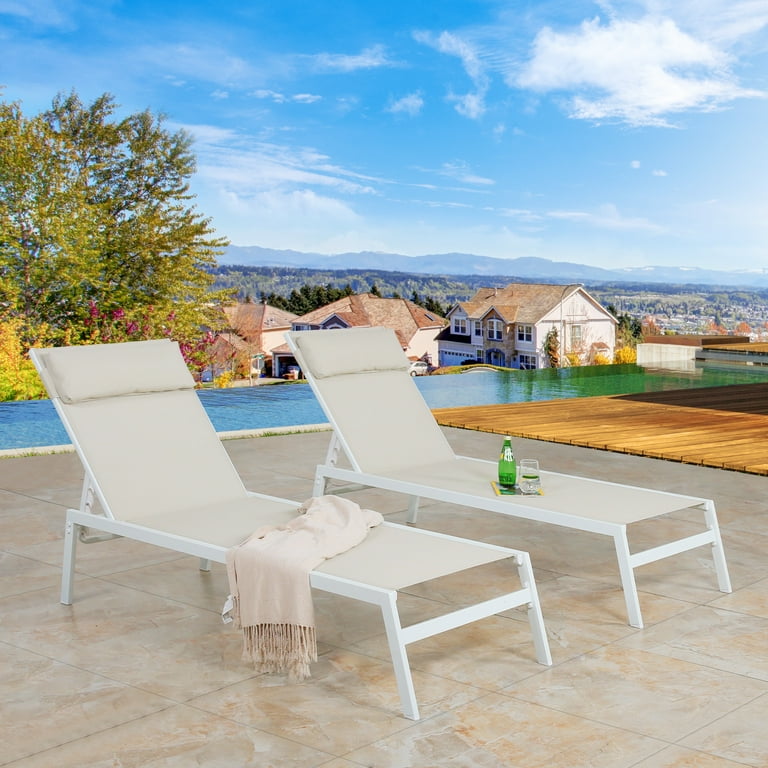 Ulax Furniture Outdoor Chaise Lounge Chairs Set of 2 All Weather Patio Beach Sling Lounger Pool Sunbathing Chairs with Headrest Beige