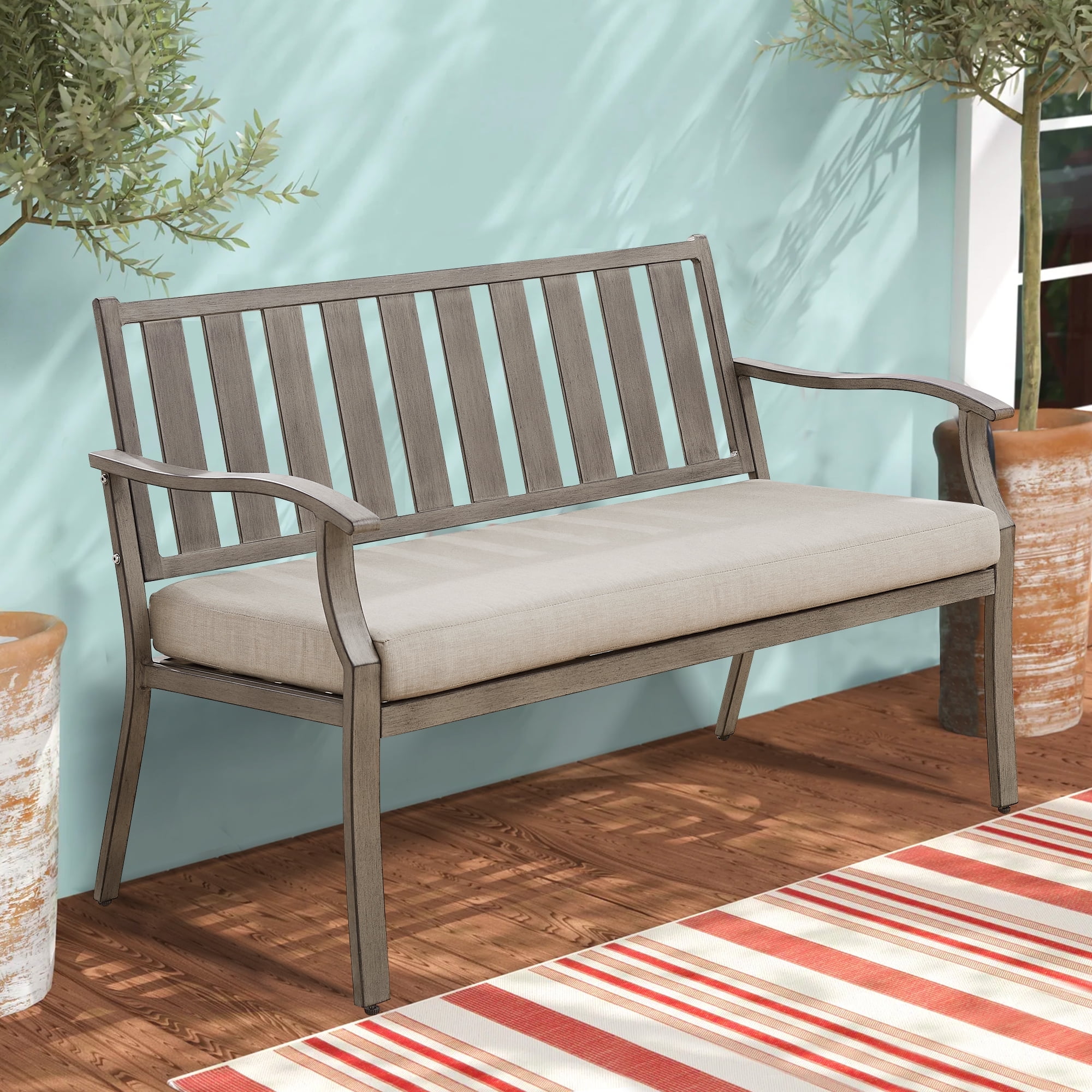 Ulax Furniture Outdoor Gray Patio Bench with Aluminum Frame and Sunbrella Cushions