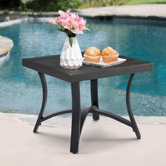 Ulax Furniture outdoor patio side table, aluminum square end table with half arc bottom, bronze