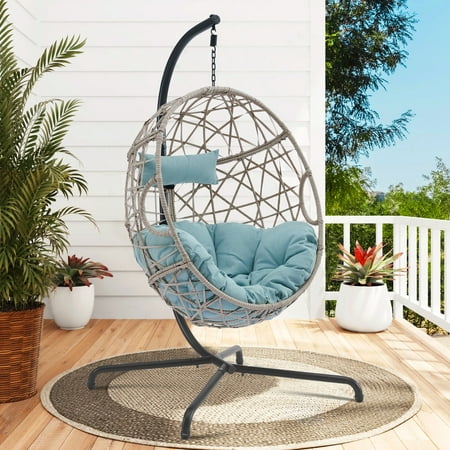 Ulax Furniture Outdoor Patio Wicker Hanging Basket Swing Chair Tear Drop Egg Chair with Cushion and Stand