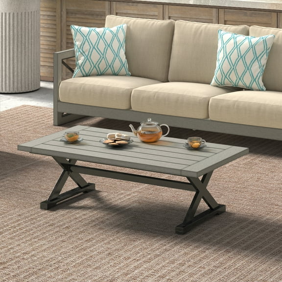 Ulax Furniture Outdoor Rectangular Coffee Table With Aluminum Tabletop, Gray