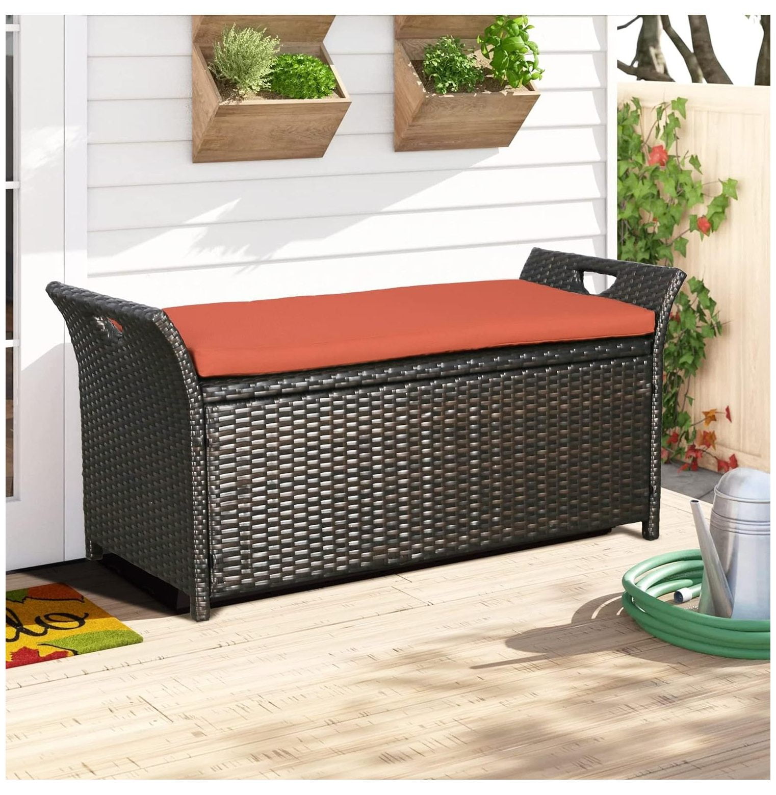 Ulax Furniture Outdoor Storage Bench Rattan Style Deck Box w/Cushion