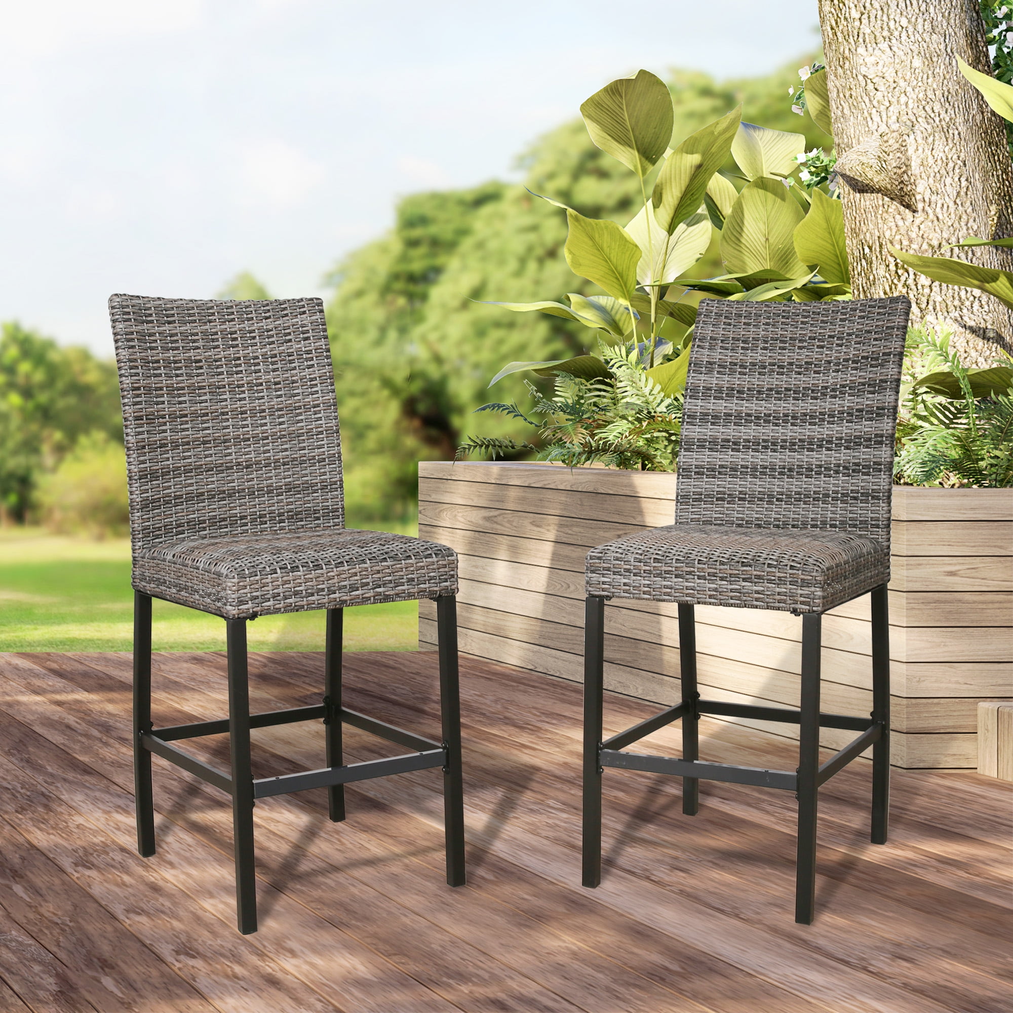 Ulax Furniture Outdoor Wicker Bar Stools Patio Wicker Counter Height Bar Stools Set of 2 Gray