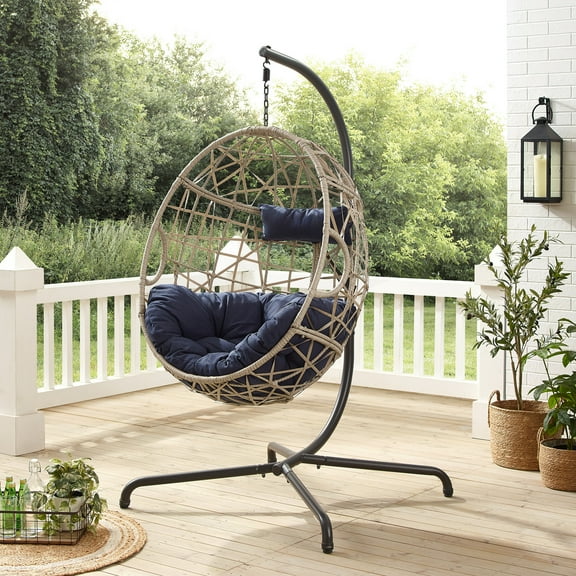 Ulax Furniture Outdoor Wicker Hanging Basket Swing Chair Indoor Egg Chair with Cushion and Stand-Upgrade, Navy