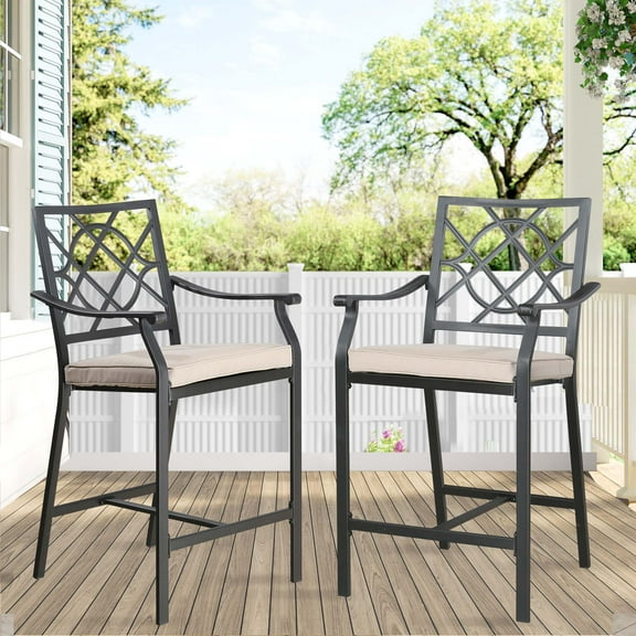 Ulax Furniture Patio Metal Steel Bar Stools Outdoor Set of 2 Bar Height Bistro Chairs with Beige Cushions