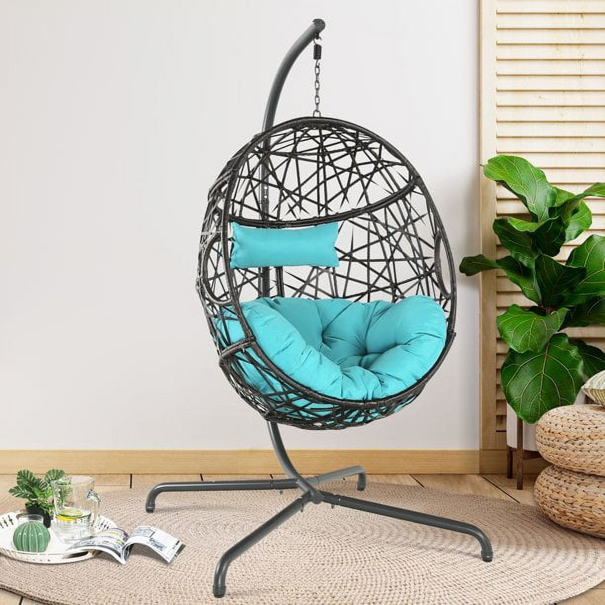 Turquoise Wicker Hanging Egg Chair with Cushions and Stand