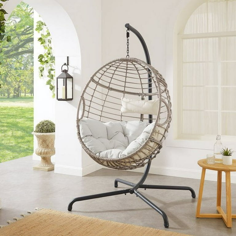 Ulax Furniture Patio Wicker Hanging Basket Swing Chair Indoor Outdoor Rattan Teardrop Chair Hammock Egg Chair with Stand and Cushion Beige