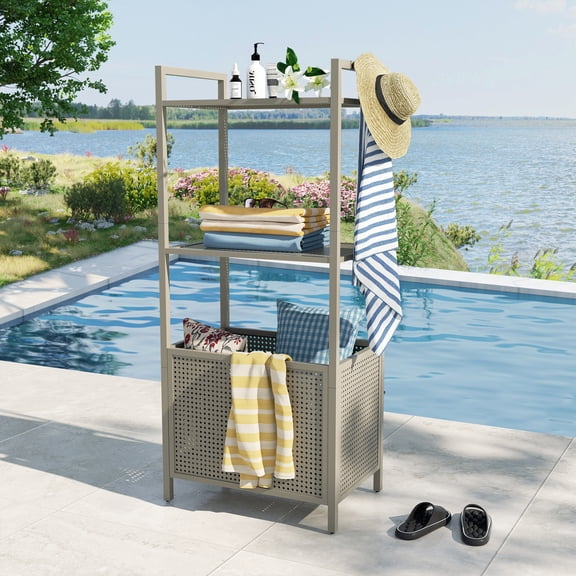 Ulax Furniture Pool Towel Stand, Pool Float Caddy, 3-tier Storage Rack Metal Shelf with Hooks and Basket, Rust-resistant Organizer for Poolside Towels, Garden Tools, Home & Office Supplies