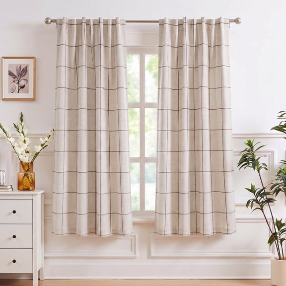 Uledge Brown 100% Blackout Thermal Insulated Checkered Curtains, Linen Blend Rod Pocket Back Tab 63" for Living Room Bedroom, 2 Panels
