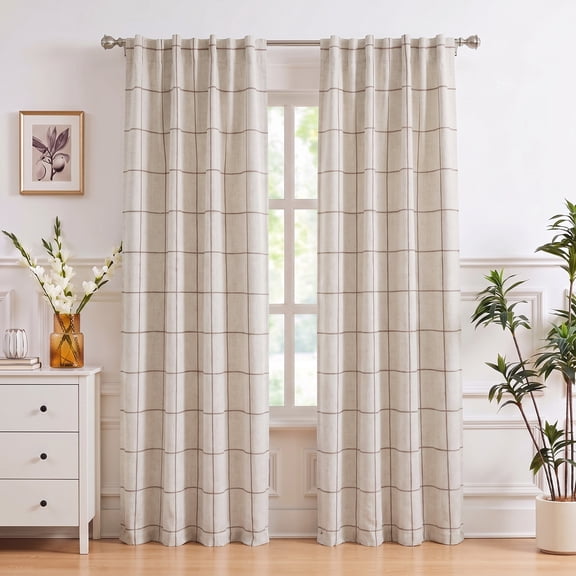 Uledge Brown 100% Blackout Thermal Insulated Checkered Drapes, Linen Blend Rod Pocket Back Tab 84" for Living Room Privacy, 2 Panels