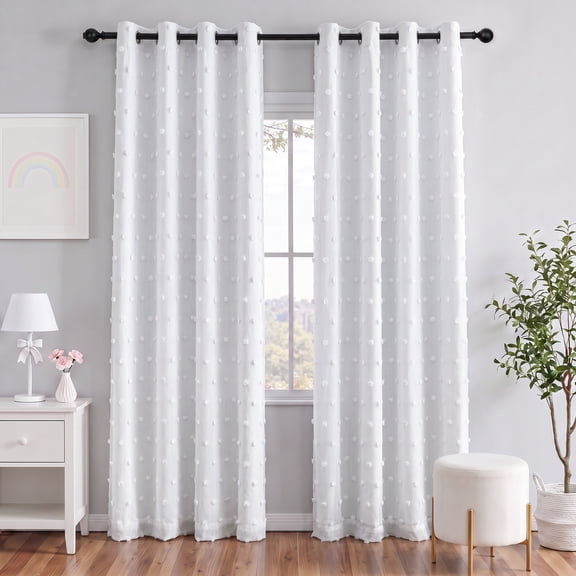 Uledge Pure White 100% Blackout Curtains with White Pom Pom Sheer, Total Light Blocking Grommet Top 84" for Living Room Girls Room, 2 Panels