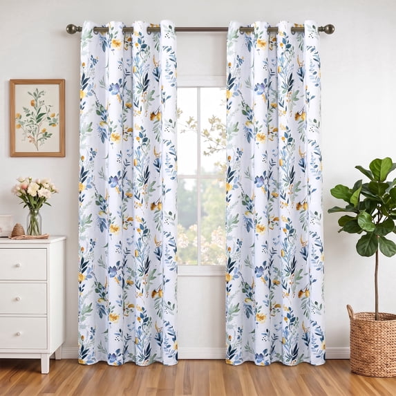 Uledge Yellow Blue Vintage Floral Blackout Curtains, Thermal Insulated Light Blocking Grommet Top 84" for Living Room Bedroom Bathroom, Peaceful Sleep, 2 Panels