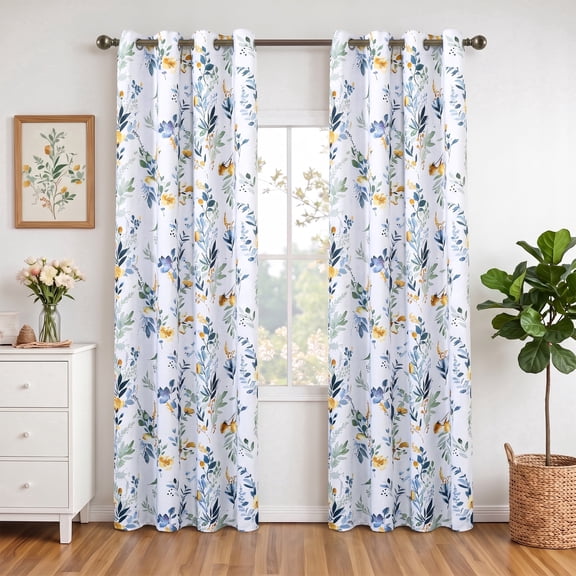 Uledge Yellow Blue Vintage Floral Blackout Curtains, Thermal Insulated Light Blocking Grommet Top 84" for Living Room Bedroom Bathroom, Peaceful Sleep, 2 Panels