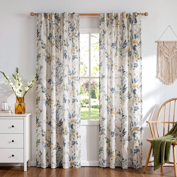 Uledge Yellow and Blue Floral Linen Blend Semi Sheer Curtains, Light Filtering Farmhouse Back Tab 84" for Living Room Dining Room Sunroom, 2 Panels