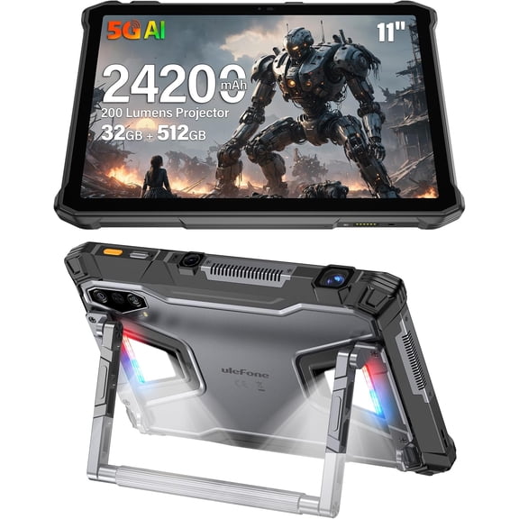 Ulefone Armor Pad 5 Ultra 5G Rugged Tablet with 200 Lumens Projector, 32GB 512GB/2TB Expansion Android 15, 24200mAh(120W)