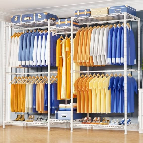Ulif E12 Clothes Rack,Heavy Duty Freestanding Garment Rack with Shelves,Metal Clothing Closet Storage System for Hanging Clothes,71" W x 16" D x 76.5" H, Hold 960 lbs,White