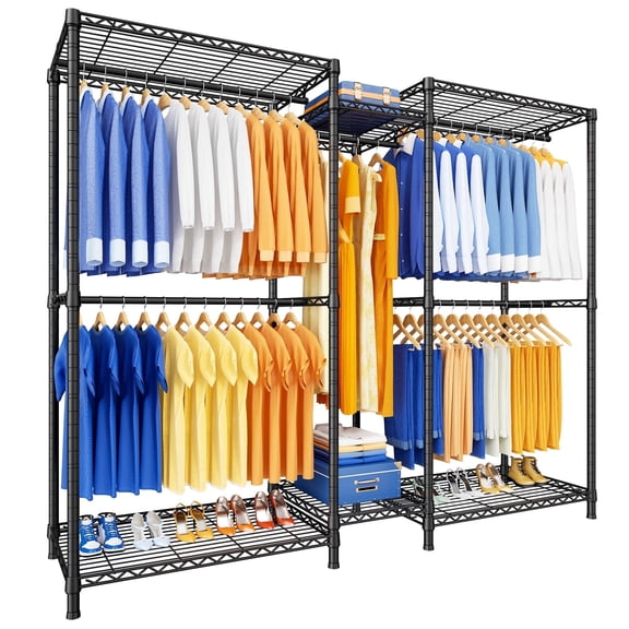 Ulif E12 Clothes Rack,Heavy Duty Freestanding Garment Rack with Shelves,Metal Clothing Closet Storage System for Hanging Clothes,71" W x 16" D x 76.5" H, Hold 960 lbs,Black