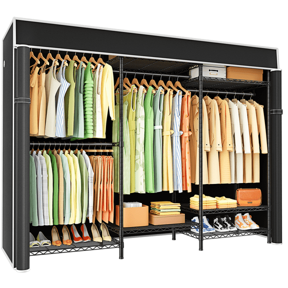 Ulif E13C Heavy Duty Closet Organizer System,Freestanding Clothing Racks for Hanging Clothes,Adjustable Garment Rack 63" W x 16" D x 77" H Hold 960 lbs,Black Clothing Rack with Black Dustproof Cover