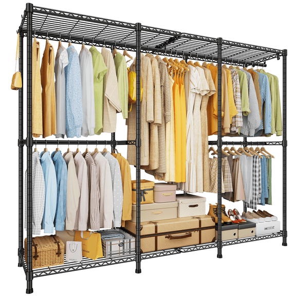 E14 Heavy Duty Closet Organizer System,Freestanding Clothing Racks for Hanging Clothes,Adjustable Garment Rack 70.1" W × 16.6" D × 76.4" H Hold 960 lbs,Black