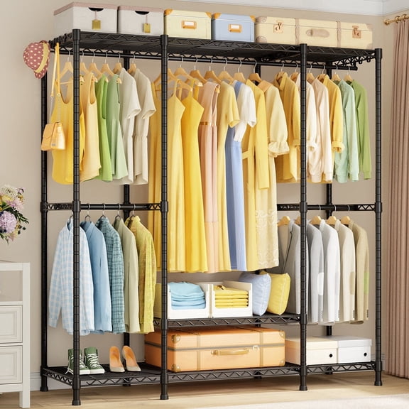 Ulif E3 Heavy Duty Garment Rack, 4 Tiers Freestanding Closet Organizer System with 5 Shelves, Metal Closet Organizer and Storage System for Clothes, Max Load 850lbs, 58.4"W x 15.7"D x 77.3"H, Black