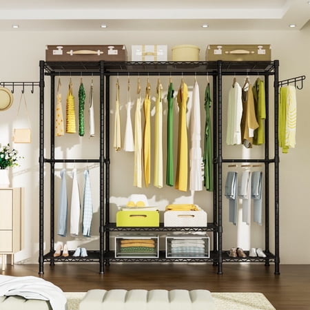 Ulif E3 Heavy Duty Clothes Rack, 4 Tiers Freestanding Closet Organizer System with 5 Shelves, Metal Closet Organizer and Storage System for Clothes, Max Load 650lbs, 57.1"W x 14.5"D x 77.3"H, Black