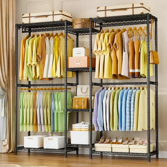 Ulif E4 Wire Garment Rack, Metal Freestanding Closet Organizer and Storage System, Heavy Duty Clothing Wardrobe with 8 Shelves and 4 Hanger Rods, Max Load 920 LBS, 70.9" W x 14.6" D x 79.3" H, Black